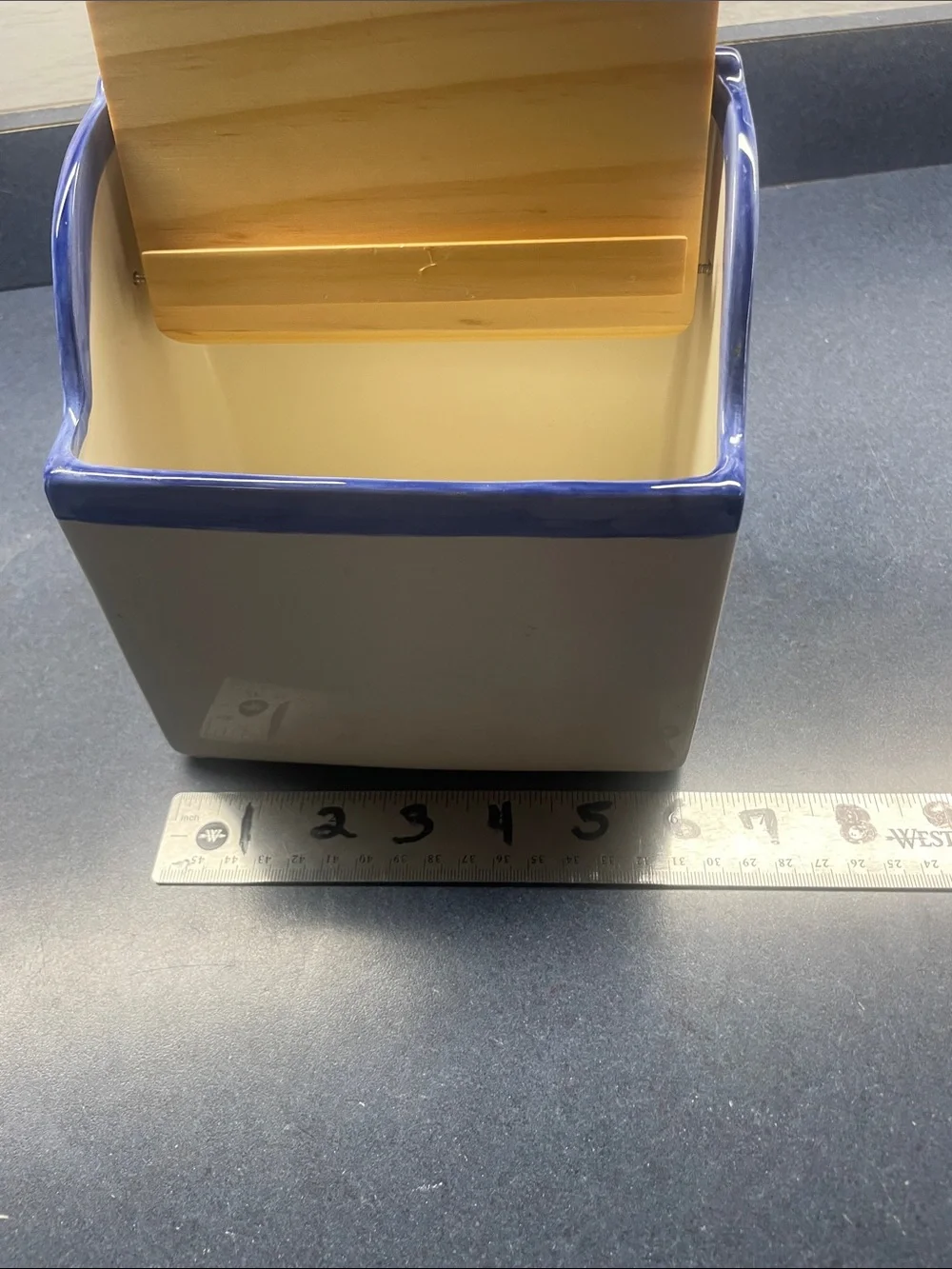 Ceramic Kitchen recipe card box with Blue Trim and Yellow Lid